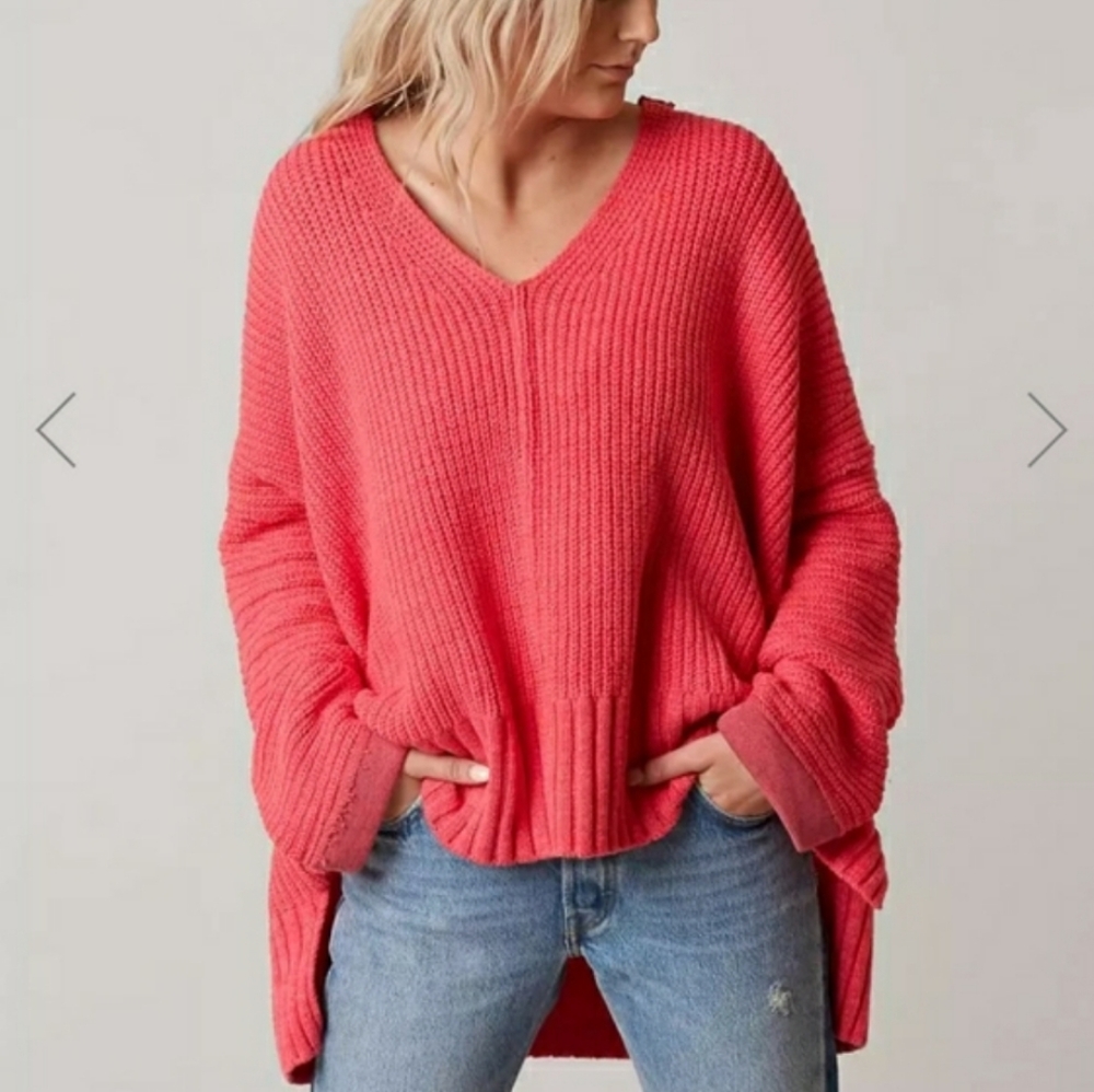 Free People Take Over Me Sweater Pink Oversized Knitted V Neck Excellent Size XS